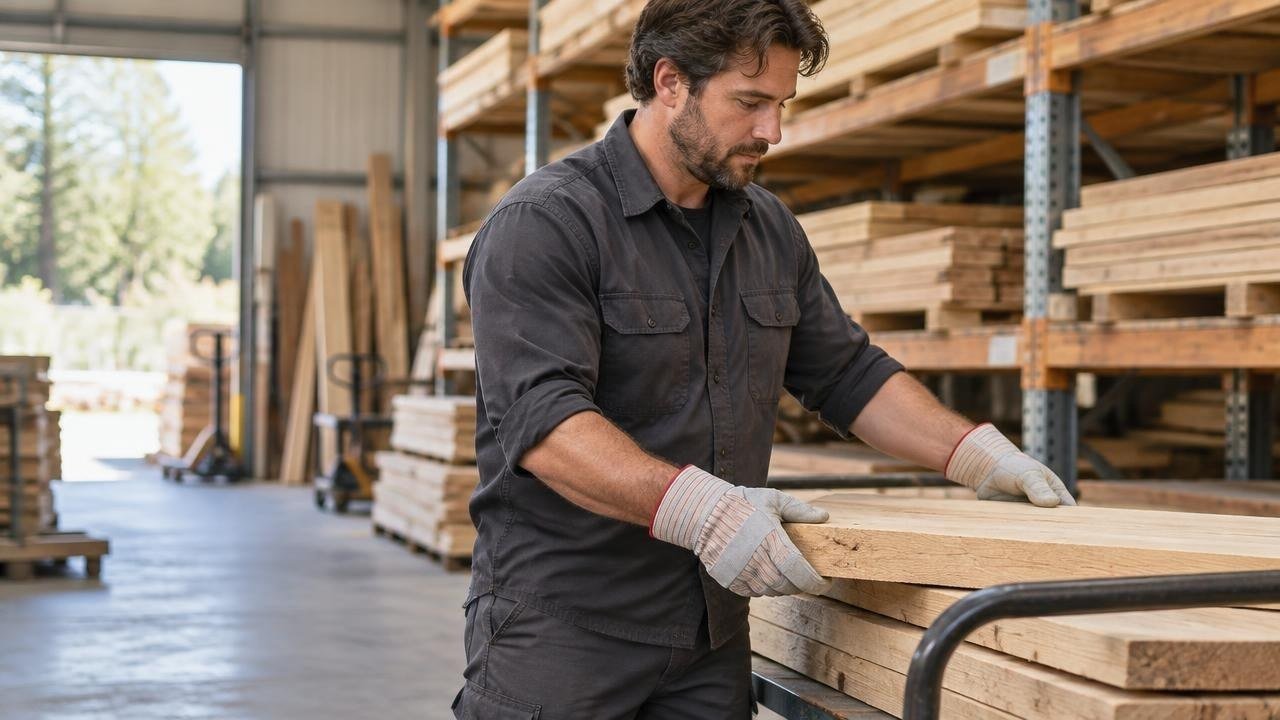 Worker in leather-palm gloves stacking timber on a trolley